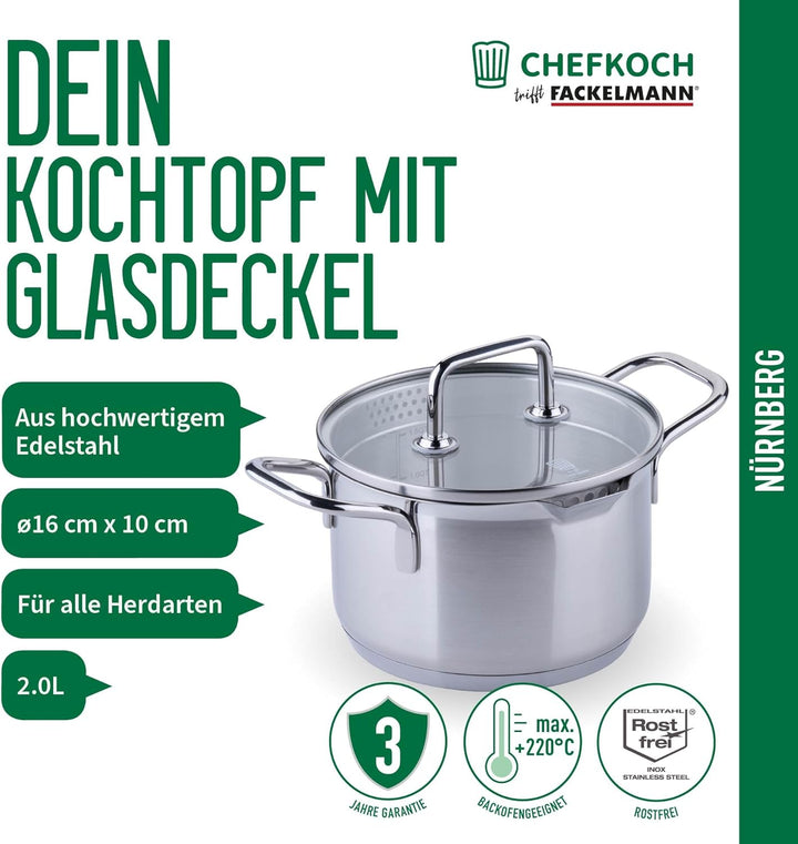 Chefkoch trifft Fackelmann Kochtopf mit Glasdeckel Ø16 cm – 2,0 L Volumen, 1,5 L Füllmenge mit Innen