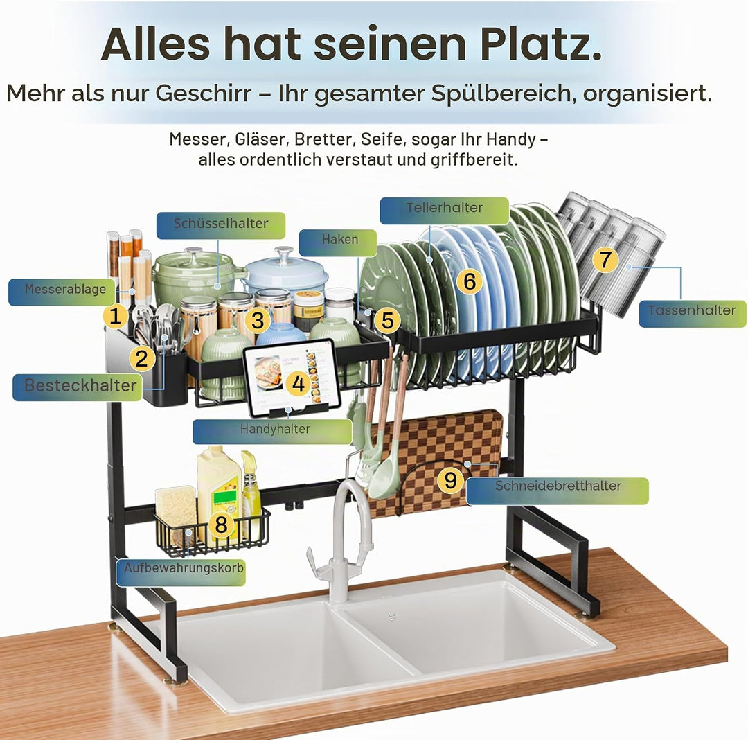 ADBIU Abtropfgestell für die Spüle, ausziehbare Höhe und Länge, Snap-On-Design, 2 Ebenen, grosses Ge