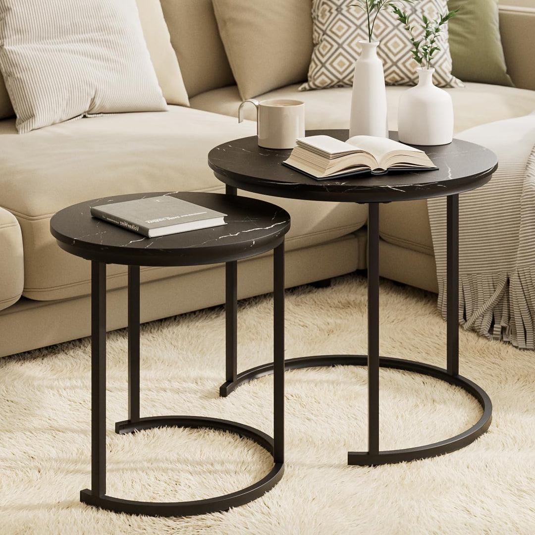 HEYZOEY Couchtisch Rund 2er Set, Wohnzimmertisch, Beistelltische Schwarz Metall, Kaffeetisch für Sof