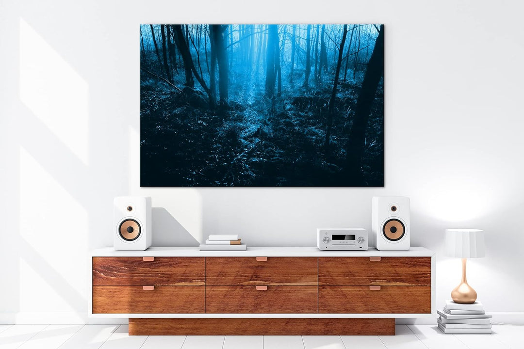 deyoli Dunkler Wald Format 60x40 Effekt: Monocrome Blau als Leinwandbild, Motiv fertig gerahmt auf E