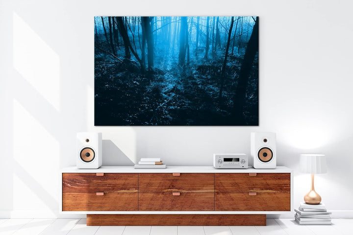 deyoli Dunkler Wald Format 60x40 Effekt: Monocrome Blau als Leinwandbild, Motiv fertig gerahmt auf E