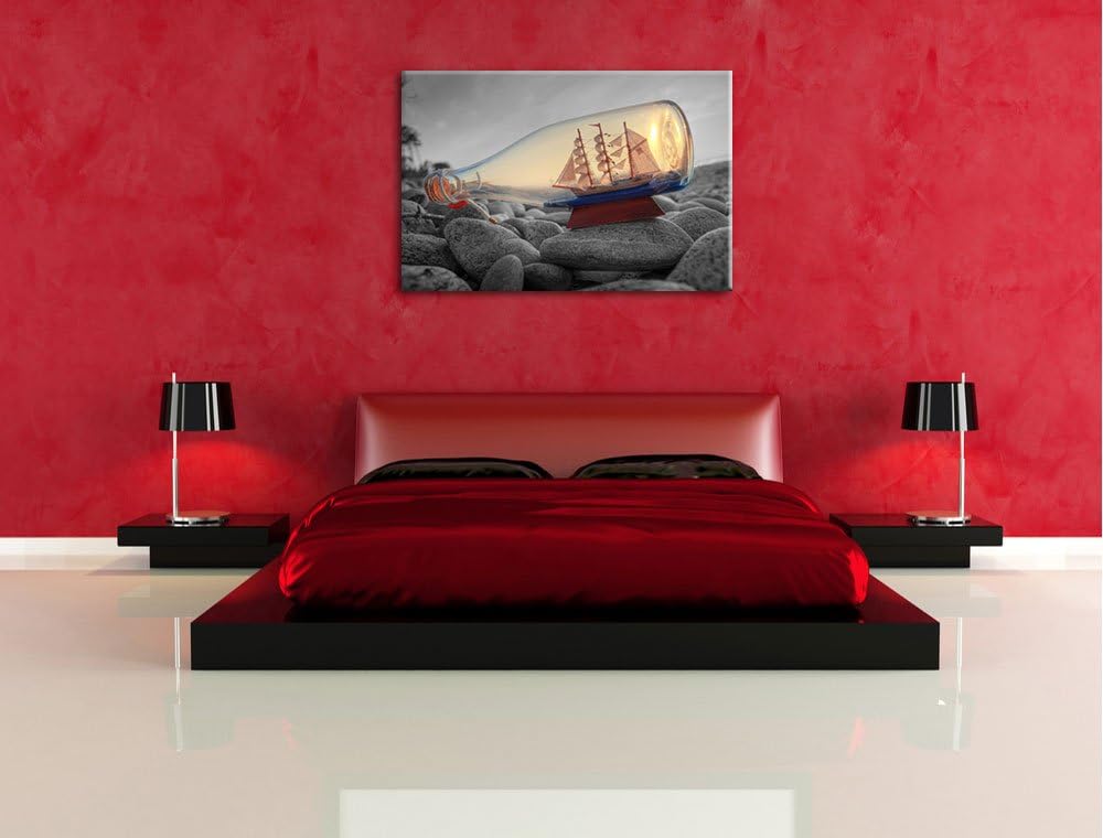 Schiff in Flasche am Steinstrand schwarz/weiss Format: 100x70 auf Leinwand, XXL riesige Bilder ferti
