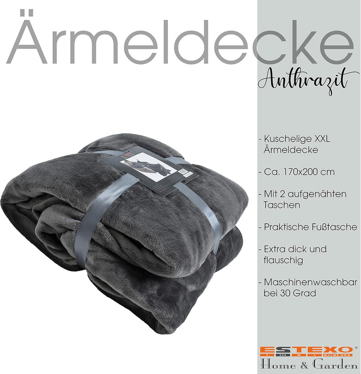 ESTEXO XXL TV-Decke Ärmeldecke Kuscheldecke Wohndecke mit Ärmeln und Fusstasche Handytasche Anthrazi