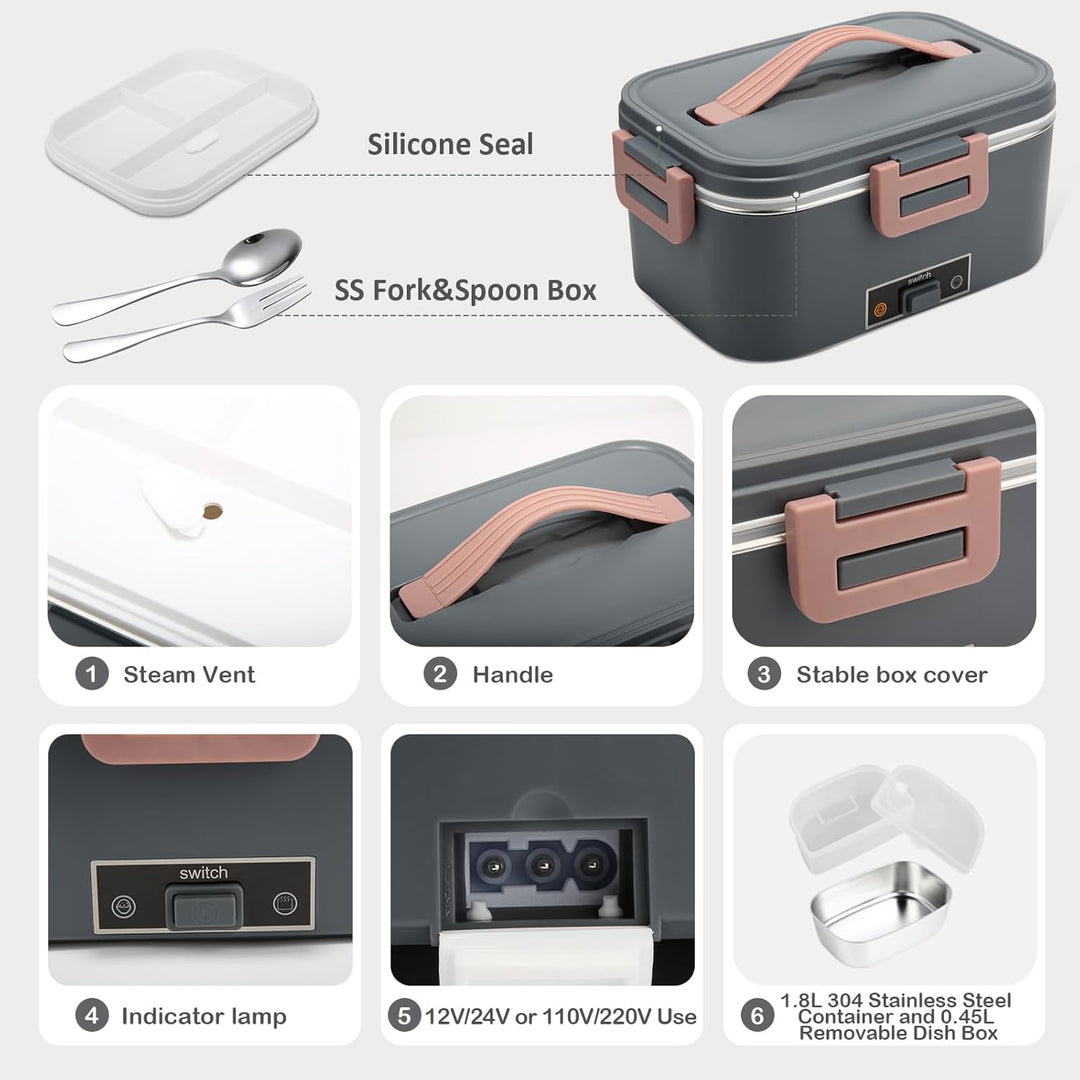 Elektrische Lunchbox 100W, 3-In-1 tragbare beheizte Lunchbox, 1,8L Edelstahl Entnehmbare brotdose, 1
