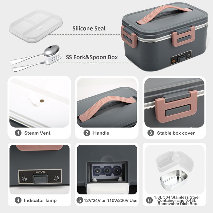 Elektrische Lunchbox 100W, 3-In-1 tragbare beheizte Lunchbox, 1,8L Edelstahl Entnehmbare brotdose, 1