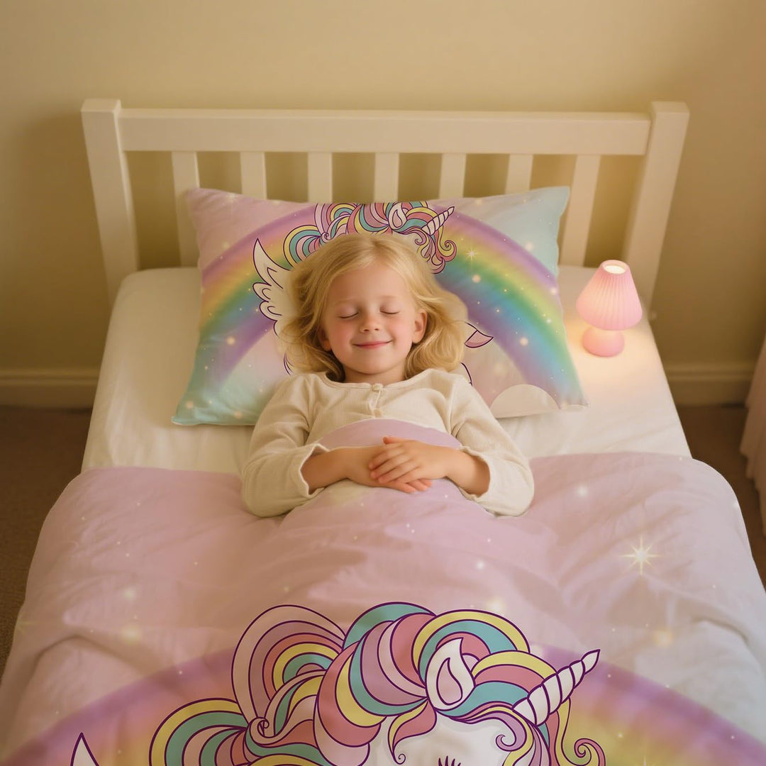 Bettbezug 90 x 190 cm, für Kinder, Mädchen, Bettwäsche für Einzelbett, Rosa, Regenbogen, Einhorn – M
