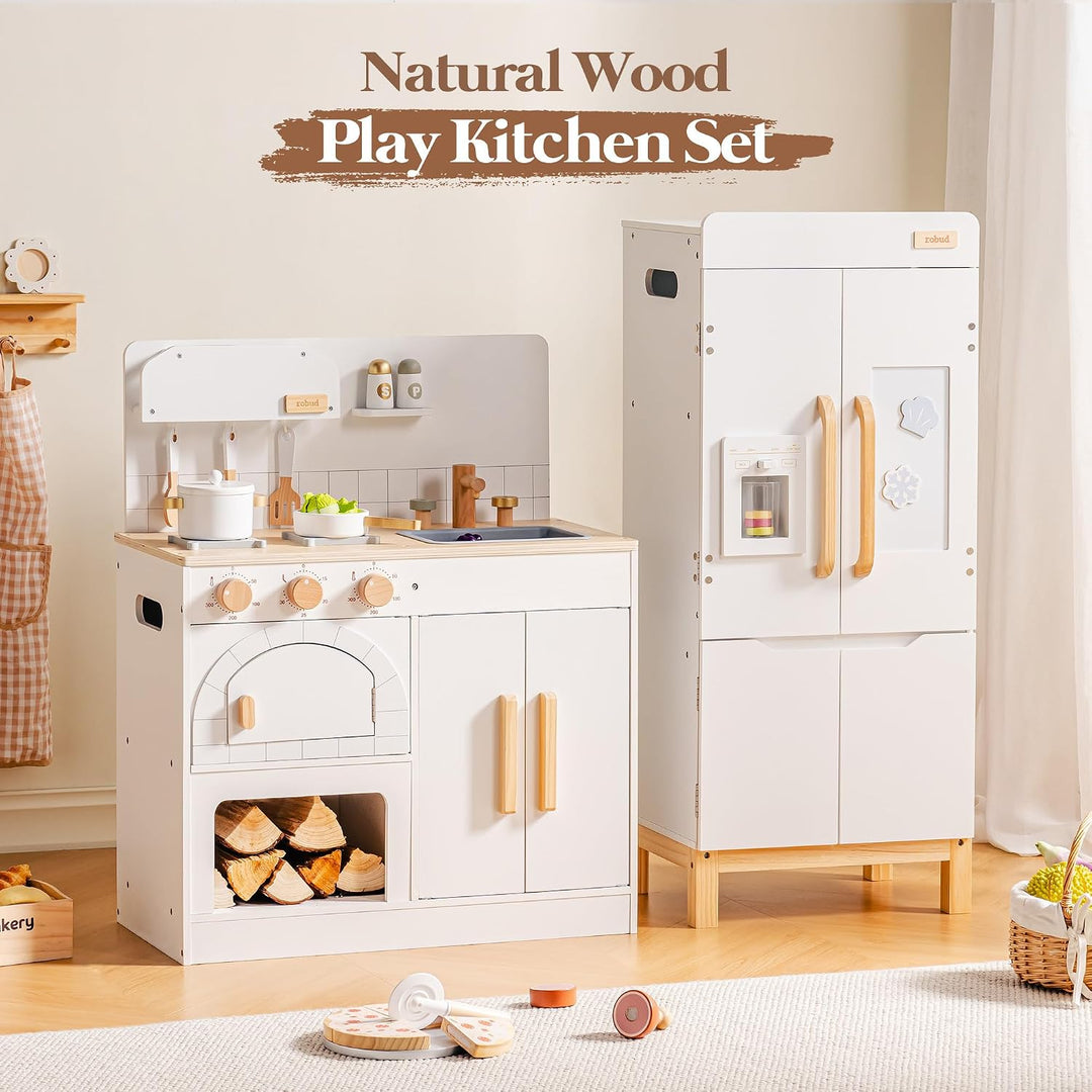 ROBUD Spielkühlschrank Holz für Kinder, Kinderküche Kühlschrank mit Getränkeautomat &amp; Aufbewahrung,
