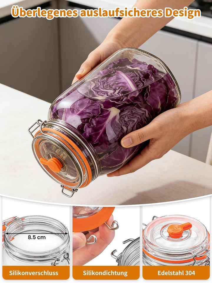 1,5L Fermentierglas, Fermentiergläser mit Gärventi & Gewicht, Kimchi Behälter Set mit Aufhängevorric