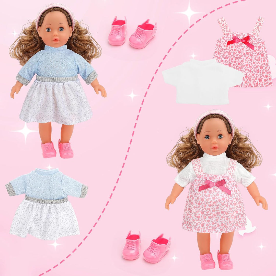 deAO Babypuppen-Spielset mit Zubehör, 38cm Puppe mit 4 Outfits und Puppenzubehör Spiegel Lockenstab