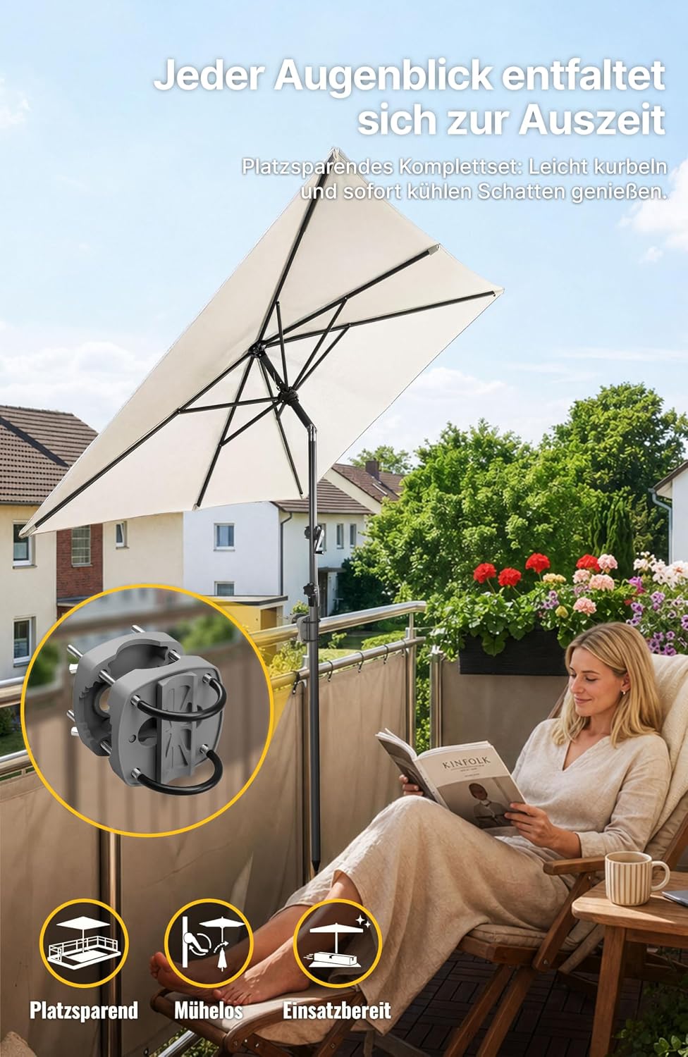4smile SunnyShade Sonnenschirm Balkon mit Halterung im 3-er-Set, UV 50+, 210x140 cm, Beige, Balkonsc