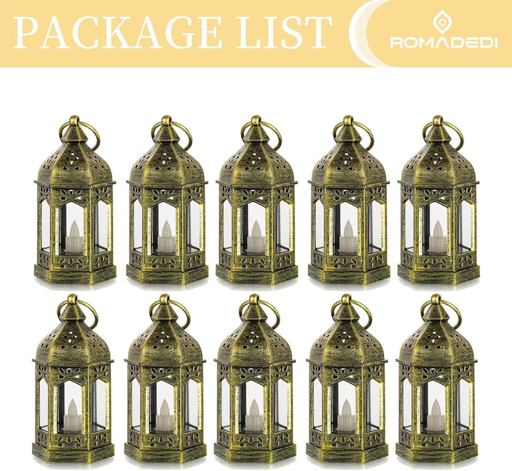 Romadedi Laterne Gold Hochzeit Tischdeko - 10er Set Mini Laterne zum Aufhängen, mit LED Kerzen für P