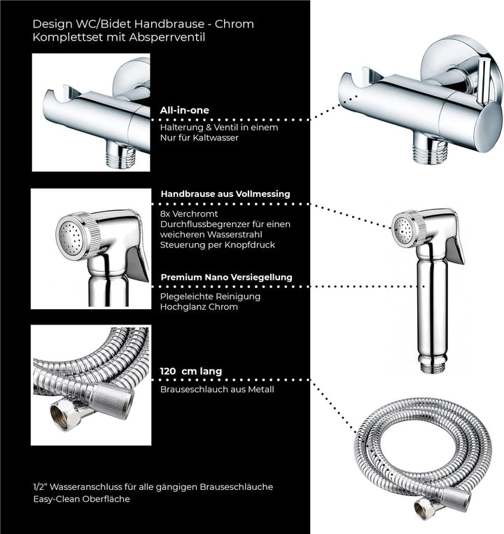 Design WC/Bidet Handbrause Komplettset mit Absperrventil - Rund