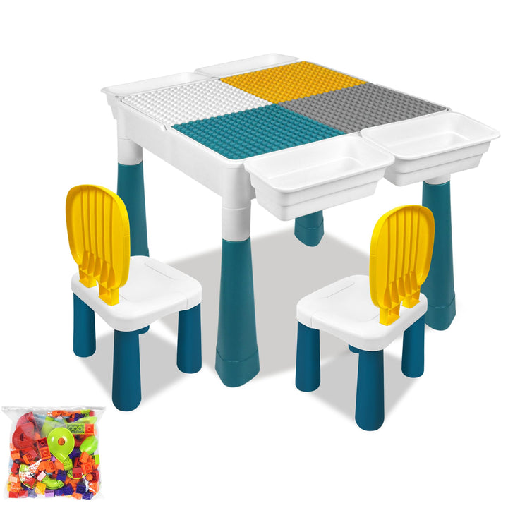 6-in-1 Kindertisch mit 2 Stühle, Kinder Spieltisch mit 163 Bausteinen, Doppelseitiger Tischplatte, M