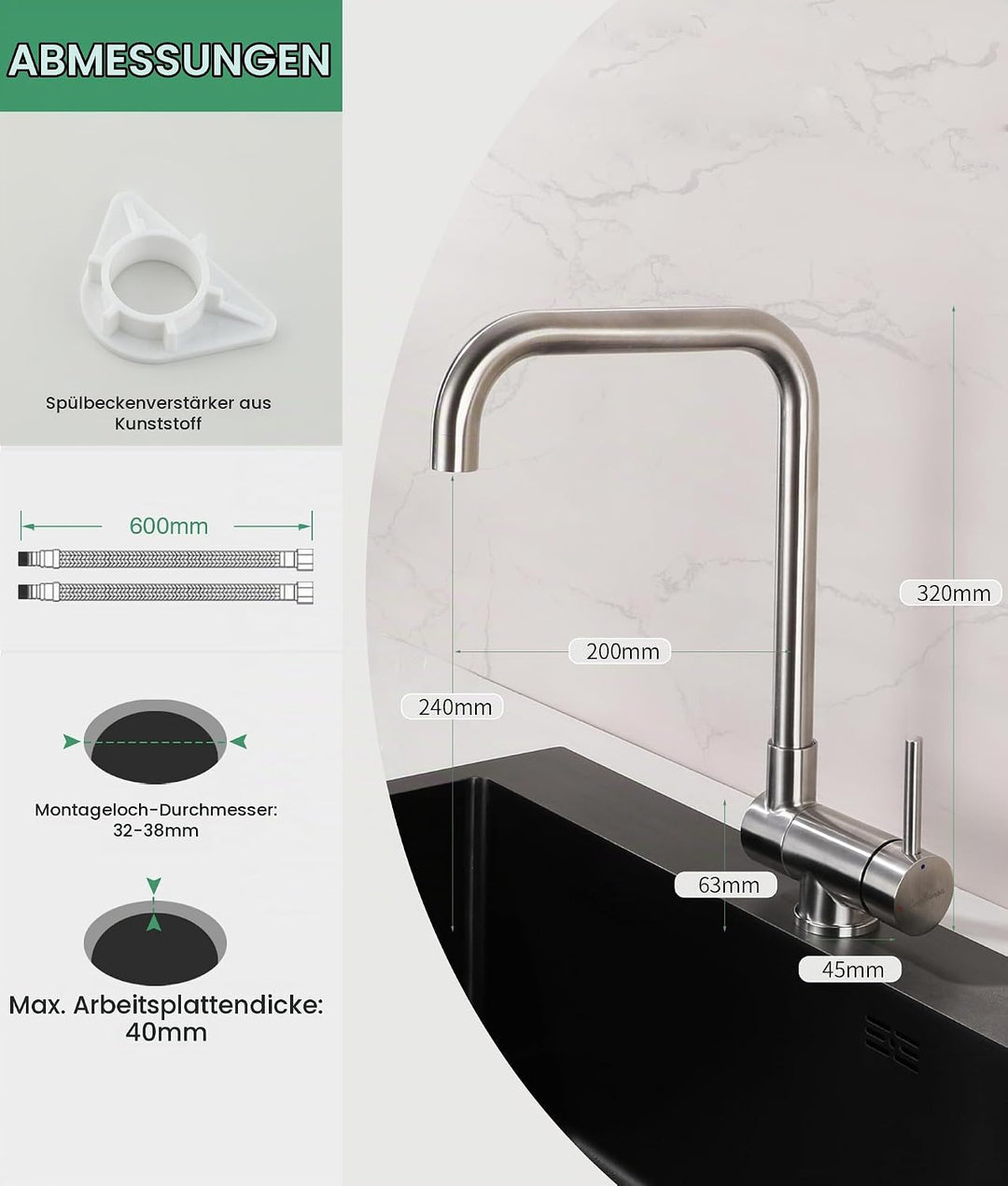 Wasserhahn Küche,vorfenster küchenarmatur klappbar，Hochdruck Kitchen Faucet 360°Drehbar Edelstahl Sp