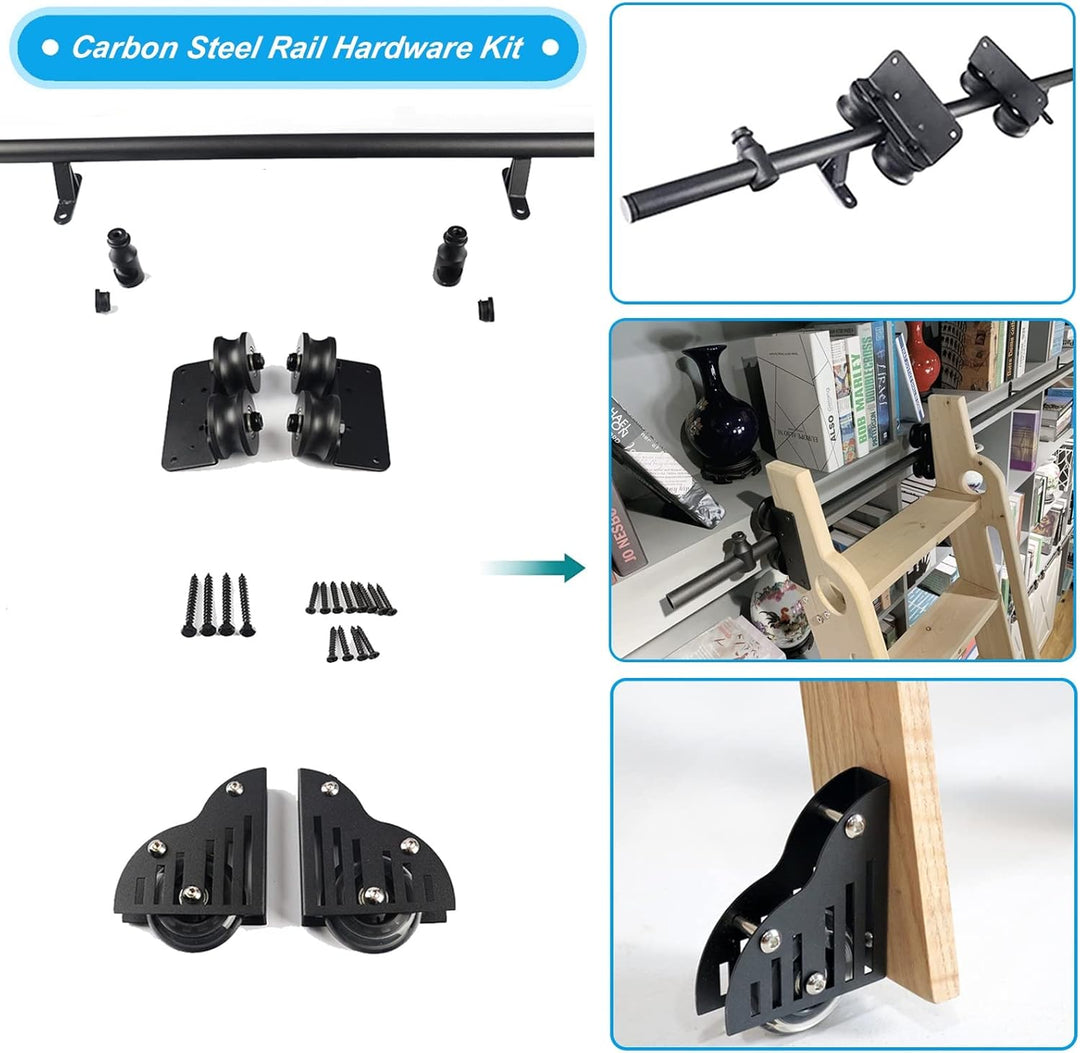 Heavy Duty Sliding Rail Track Hardware Kit for Rolling Library Ladder - Round Tube Carbon Steel (No