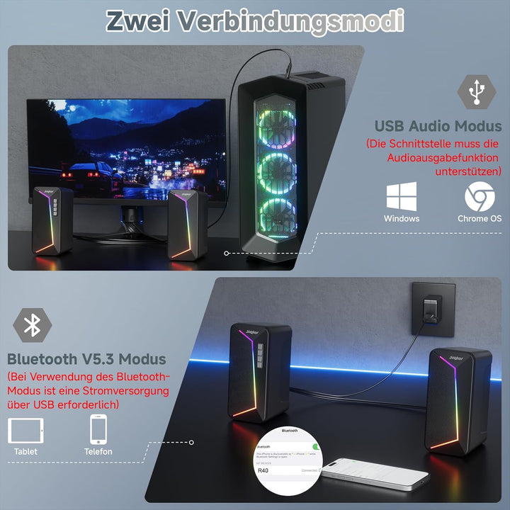 SOULION R40 PC Lautsprecher, USB-C/USB-betriebene Computer Stereo mit Lautstärkeregler, LED-Beleucht