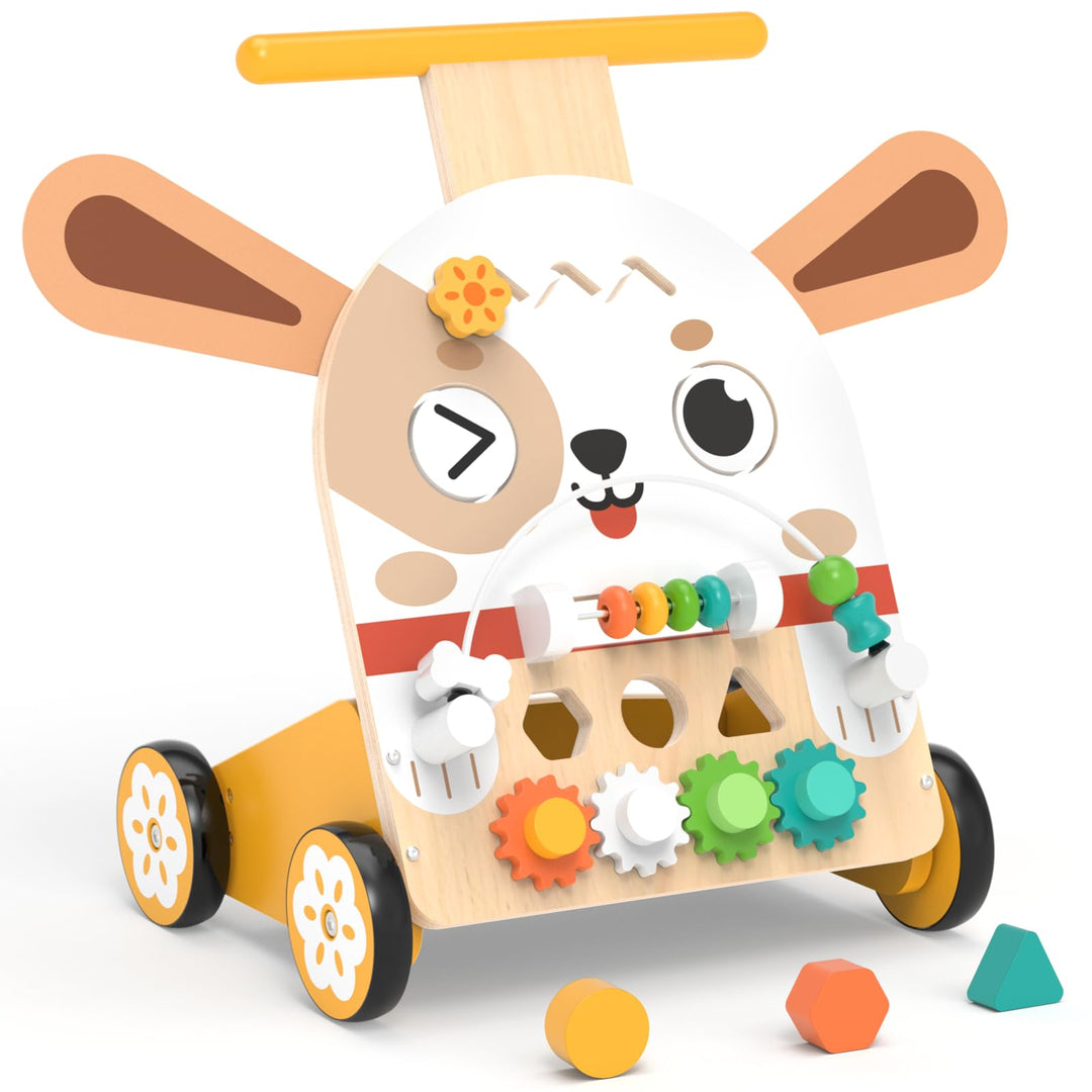 Weilim Holz Lauflernwagen mit Motorikwürfel 6-in-1 im Hunde-Design | 6-in-1 Aktivitätsspielzeug mit