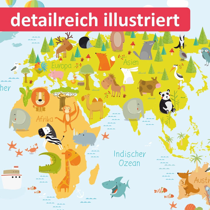 nikima - Kinder Weltkarte modern in 3 Grössen A3/A2/A1 Poster Plakat Tiere Erde Wandbild Kinderzimme