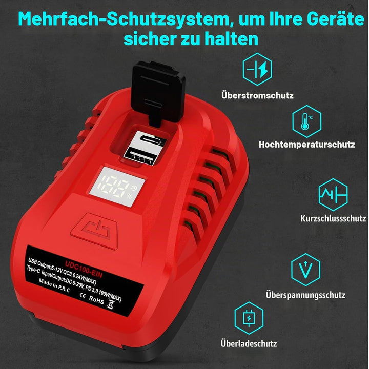 【Verbessert】 100W für Einhell PXC 18V Akku Ladegerät Adapter, TEPULAS USB Handyladegerät Stromquelle