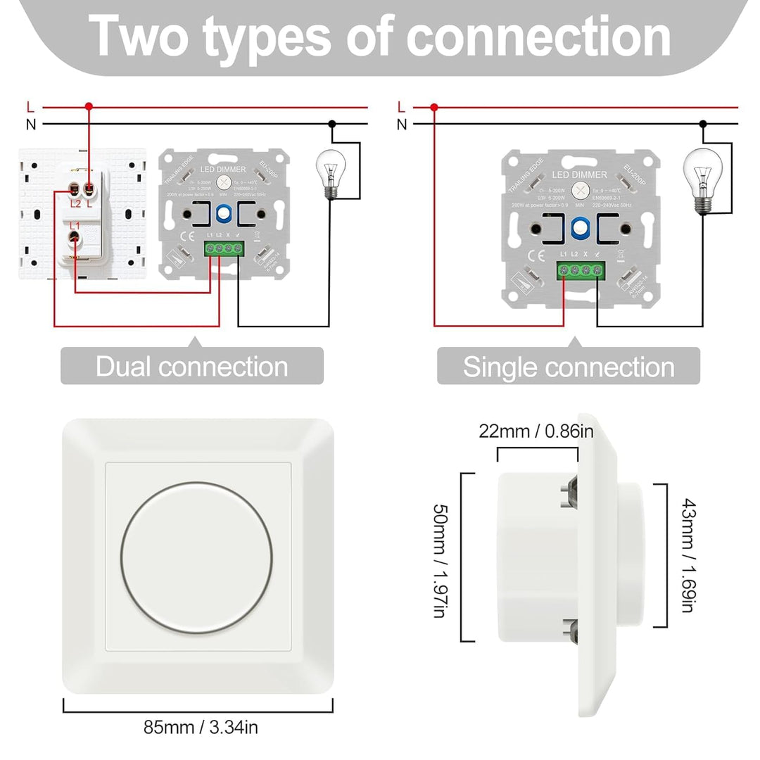 VIPMOON Dimmer Schalter 220-240V Dimmer für Led Lampen 5-200W Push-On/Off Rotary Phasenabschnittsdim