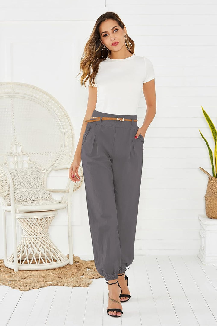 Cindeyar Damen Haremshose Elegant Pumphose Lange Leinen Hose mit Gürtel Aladin Pants M Grau, M Grau