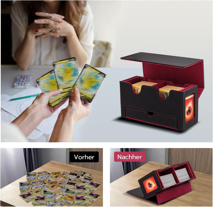 Doppelschicht Card Deck Box für MTG，Gathering Kartenbox mit Schaufenster und Würfelfach PU Leder Sta