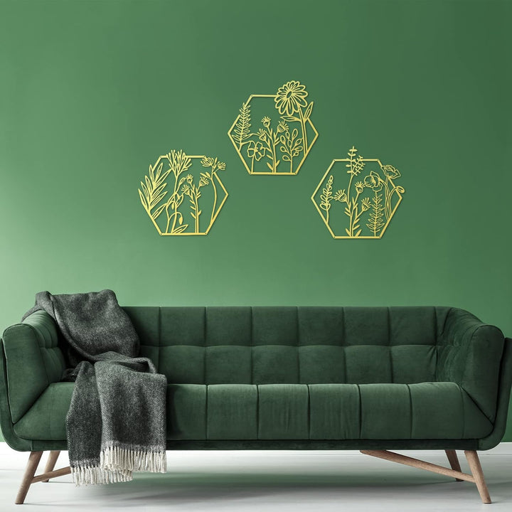 3 Stück goldene Metallblumen-Wanddekoration, minimalistisch, florales Wandbehang, Dekoration, Metall