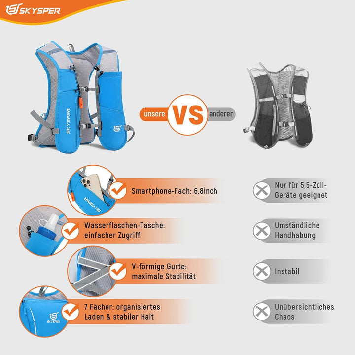 SKYSPER Laufweste Ultraleichter 5L, Trinkrucksack mit weichen Flaschen 500ml Laufrucksack Herren Dam