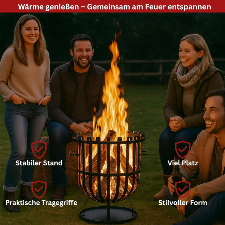 Robuster Feuerkorb Feuerstelle Eisen 55x40 cm Feuerschale mit Bodenplatte Ideal für Lagerfeuer, Gart