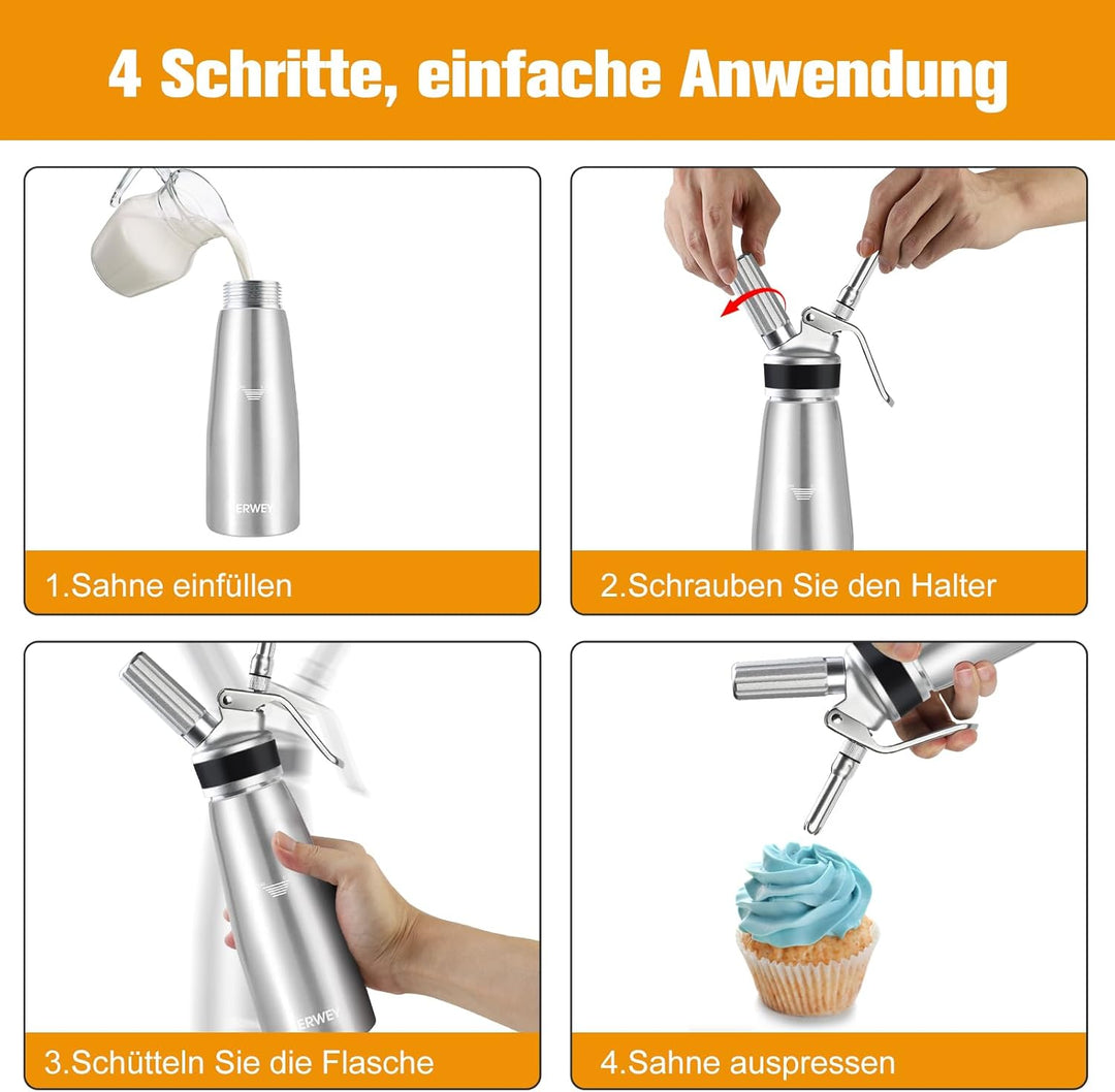 ERWEY Sahnespender 500ML, Sahnesyphon Aluminium, Sahnesprüher Auslaufsicherer Einfach Reinigen mit 3