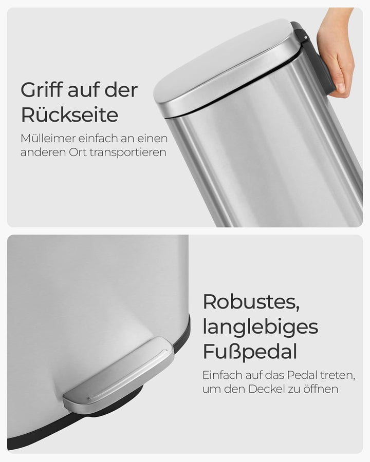 SONGMICS Mülleimer Küche, 30 Liter, Abfalleimer, Treteimer, mit Deckel, Softclose, Fusspedal, Stahl,