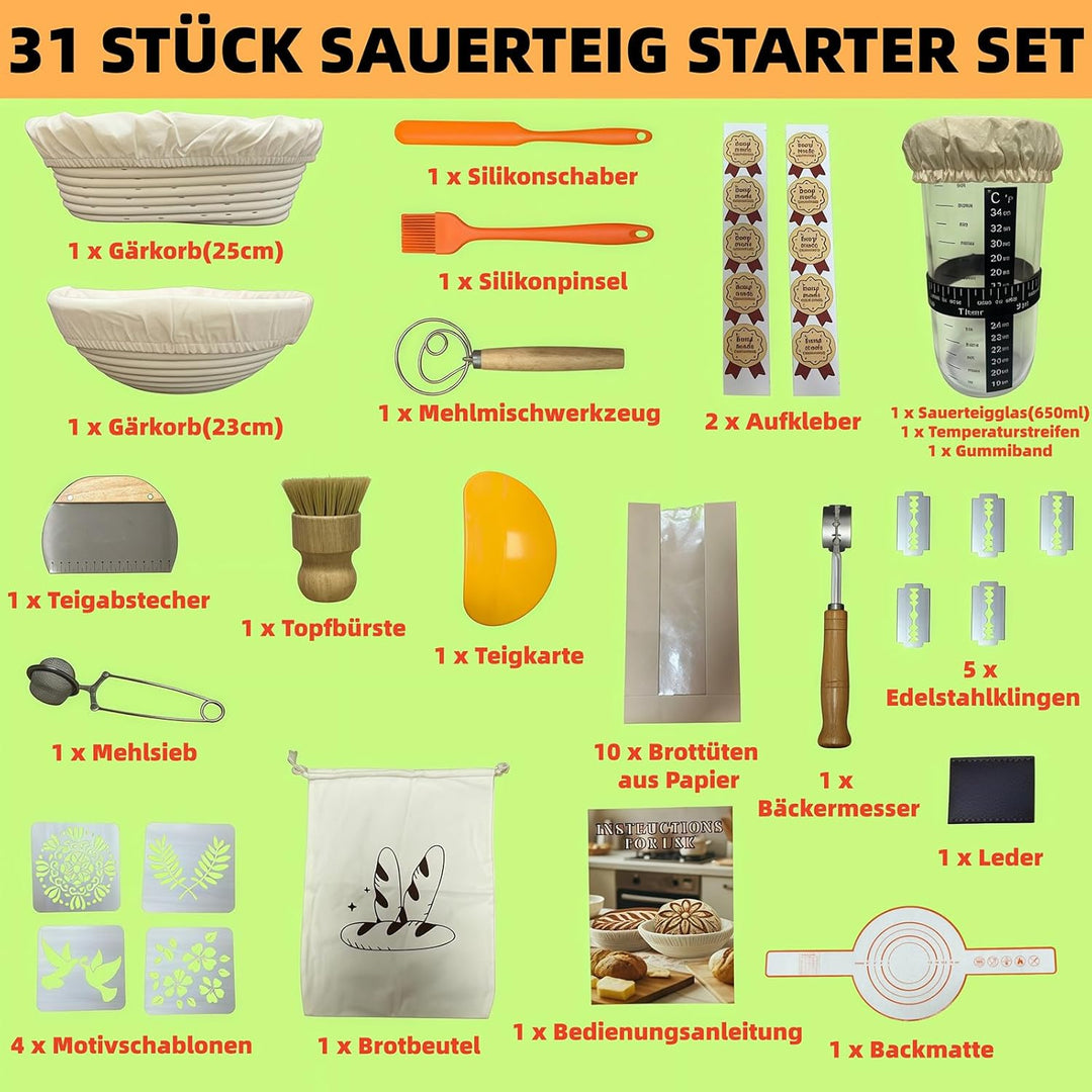 31 Stück Sauerteig Starter Set - Brotbackzubehör, Brot Backen Zubehör, mit 2 Gärkorb (25cm Ovale & 2