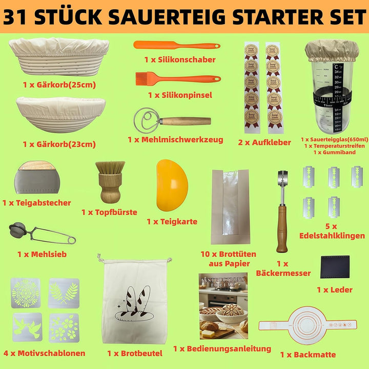 31 Stück Sauerteig Starter Set - Brotbackzubehör, Brot Backen Zubehör, mit 2 Gärkorb (25cm Ovale & 2