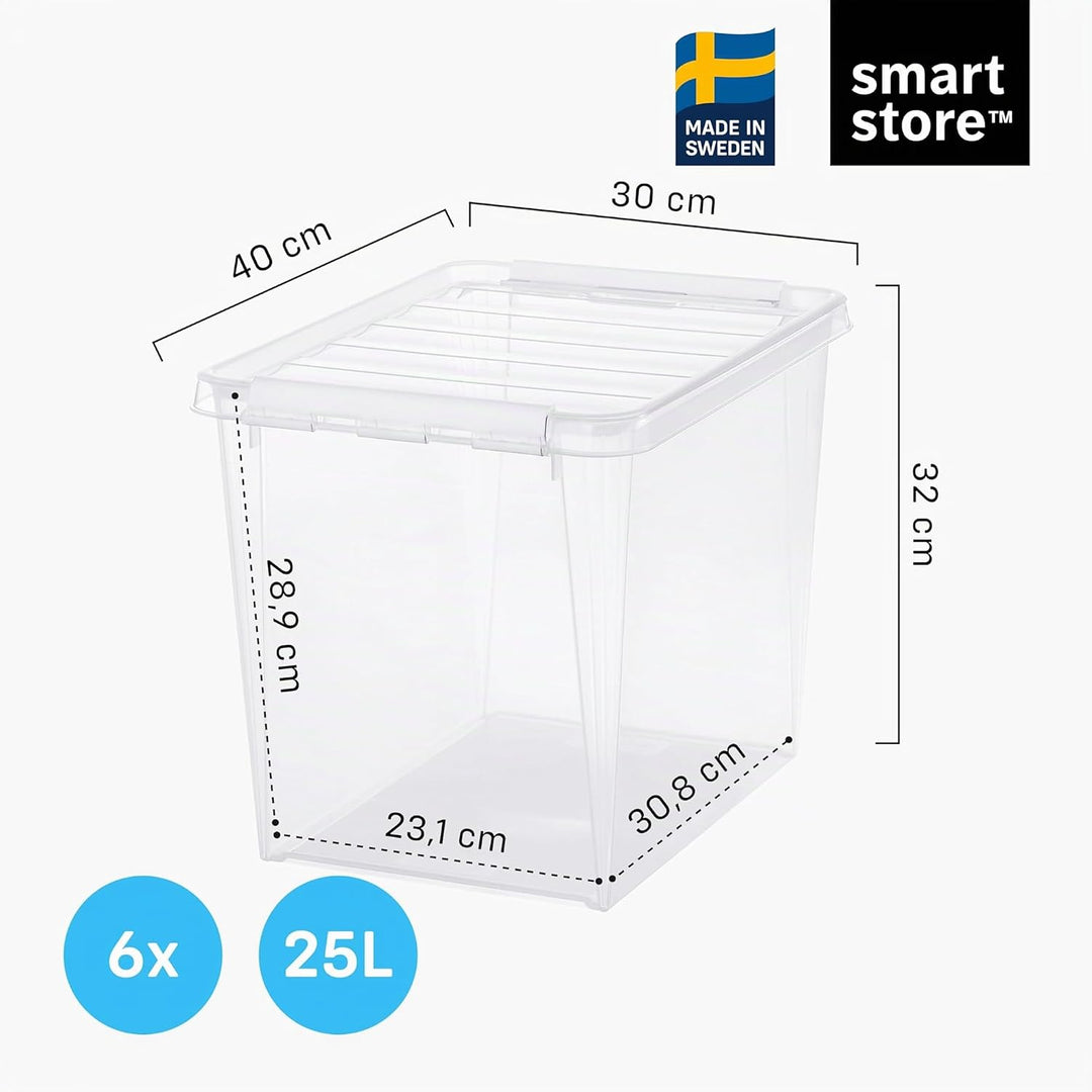SmartStore Aufbewahrungsbox mit Deckel gross 25 L – 6 transparente und stapelbare Plastik Boxen mit