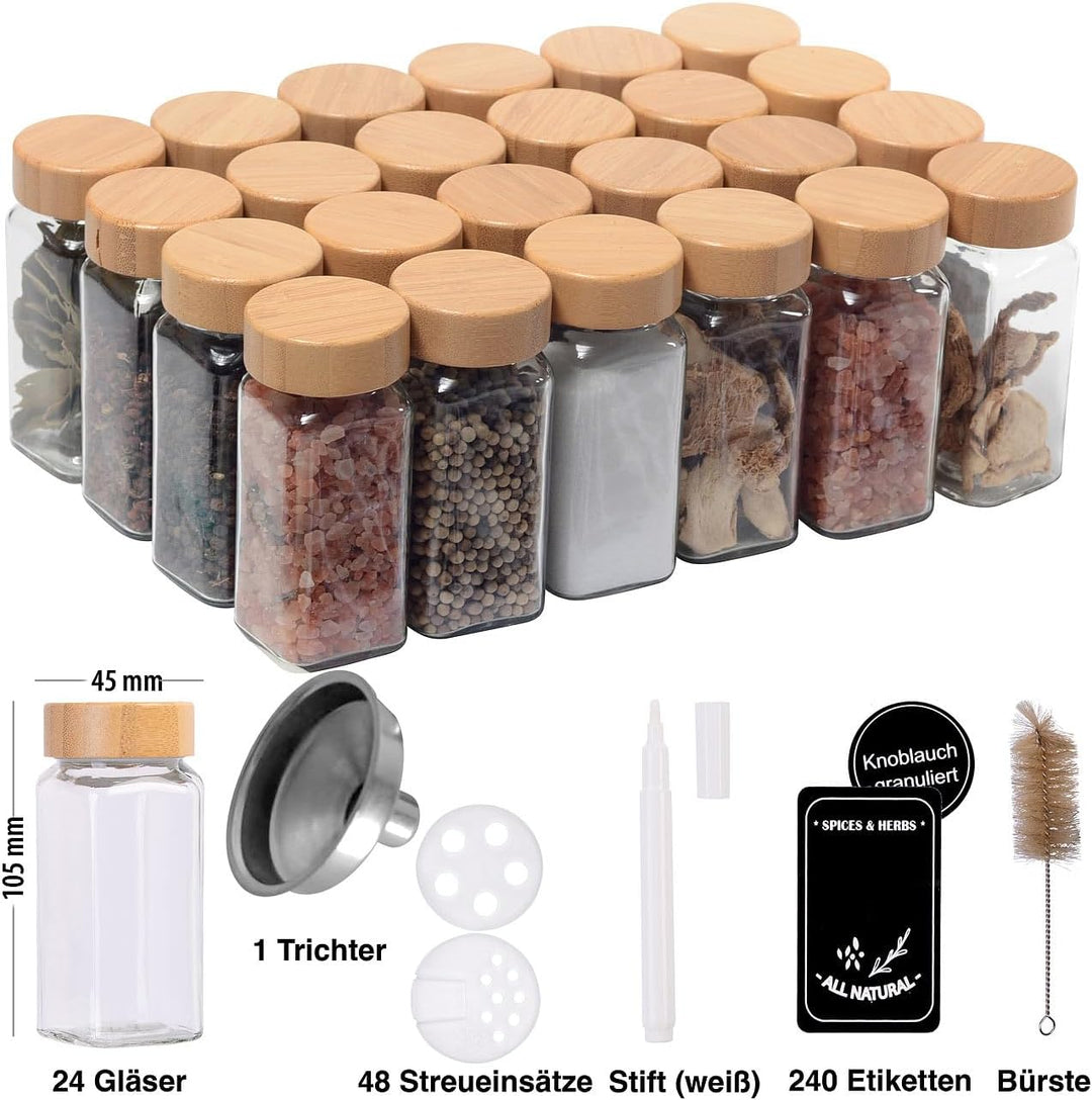 Rosenstein & Söhne Gewürzstreuer: 24er-Set Gewürzgläser mit Bambusdeckel, je 120 ml, 240 Etiketten (