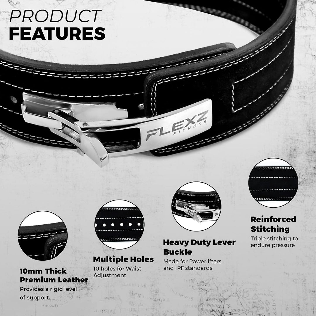 FlexzFitness Lever Weight Lifting Leather Belt - 10mm Powerlifting Gym Belts for Men &amp; Women - Lower