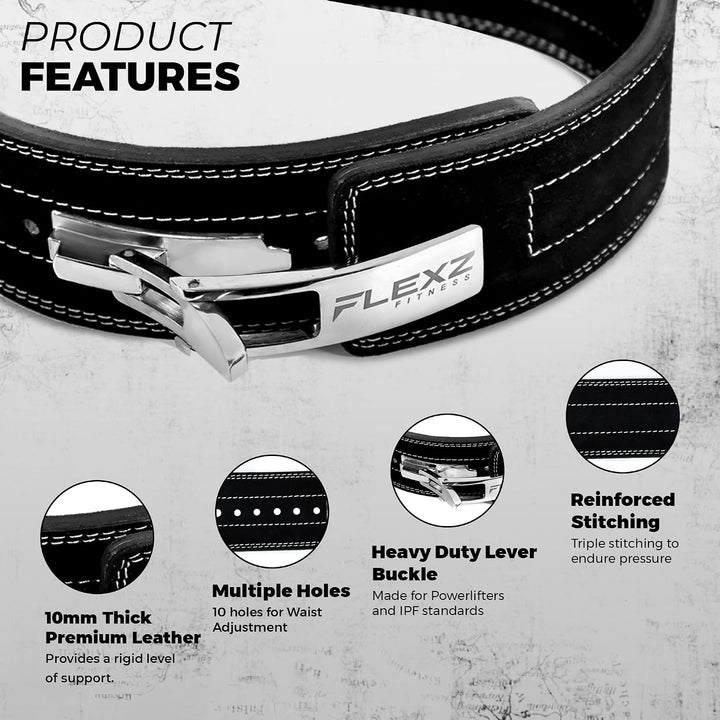 FlexzFitness Lever Weight Lifting Leather Belt - 10mm Powerlifting Gym Belts for Men &amp; Women - Lower