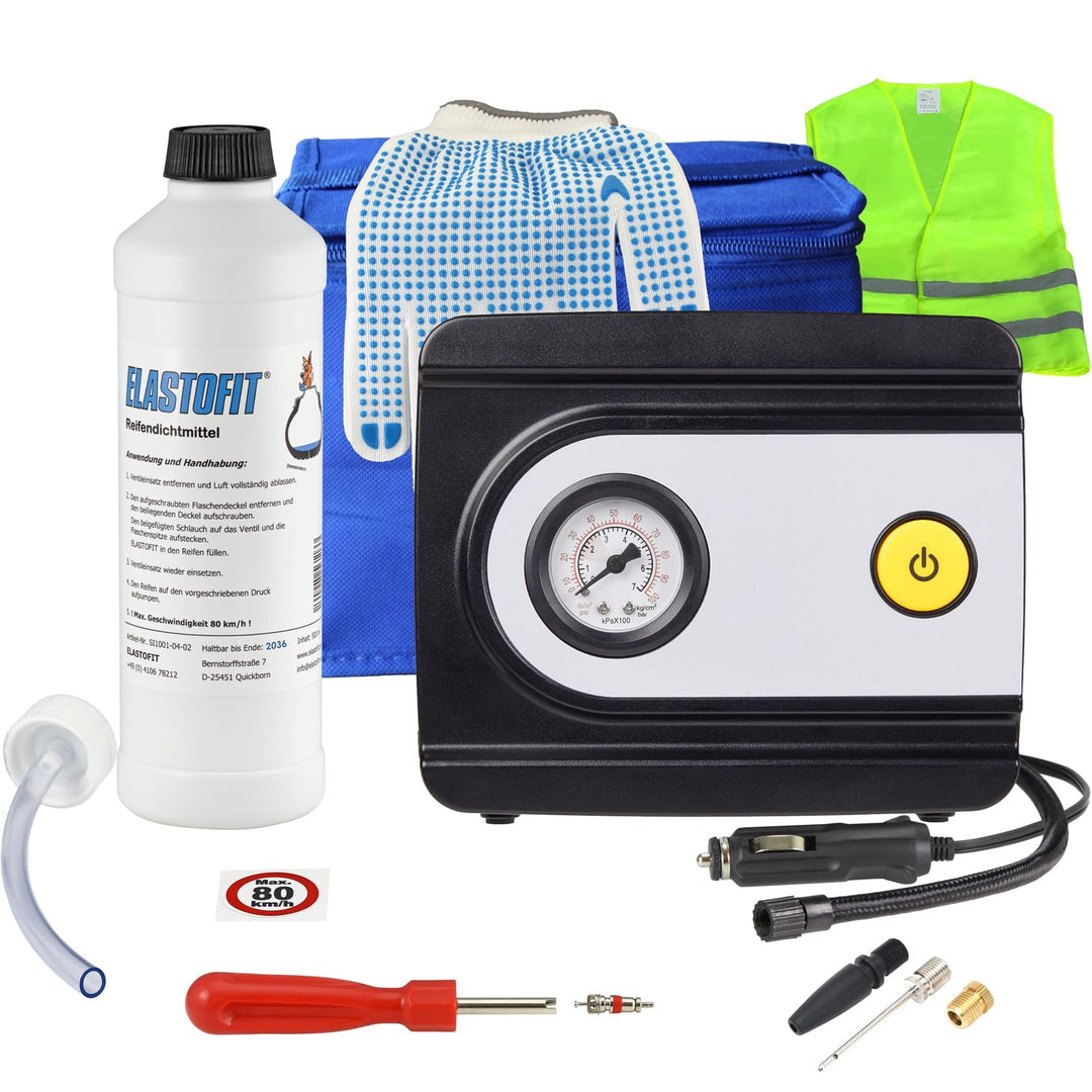 ELASTOFIT Reifen Pannenset mit Kompressor Reifendichtmittel 10 Jahre haltbar (Basic Plus), Basic Plu