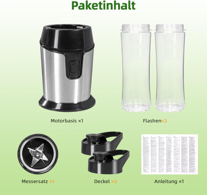 Carehabi Mixer, Tragbarer Mini Standmixer & Smoothie Blender mit 2x600ml Flaschen (BPA-frei), 300W E