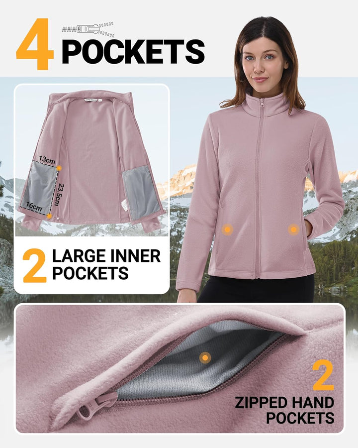 Outdoor Ventures Damen Fleecejacke mit Durchgehendem Reissverschluss Stehkragen Frauen Leichte Fleec