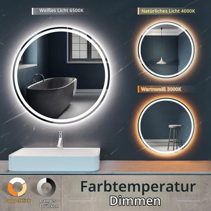 KWW 60 cm LED Runder Badezimmer Eitelkeitsspiegel, Farbtemperatur Einstellbar, Anti-Nebel Dimmbare L