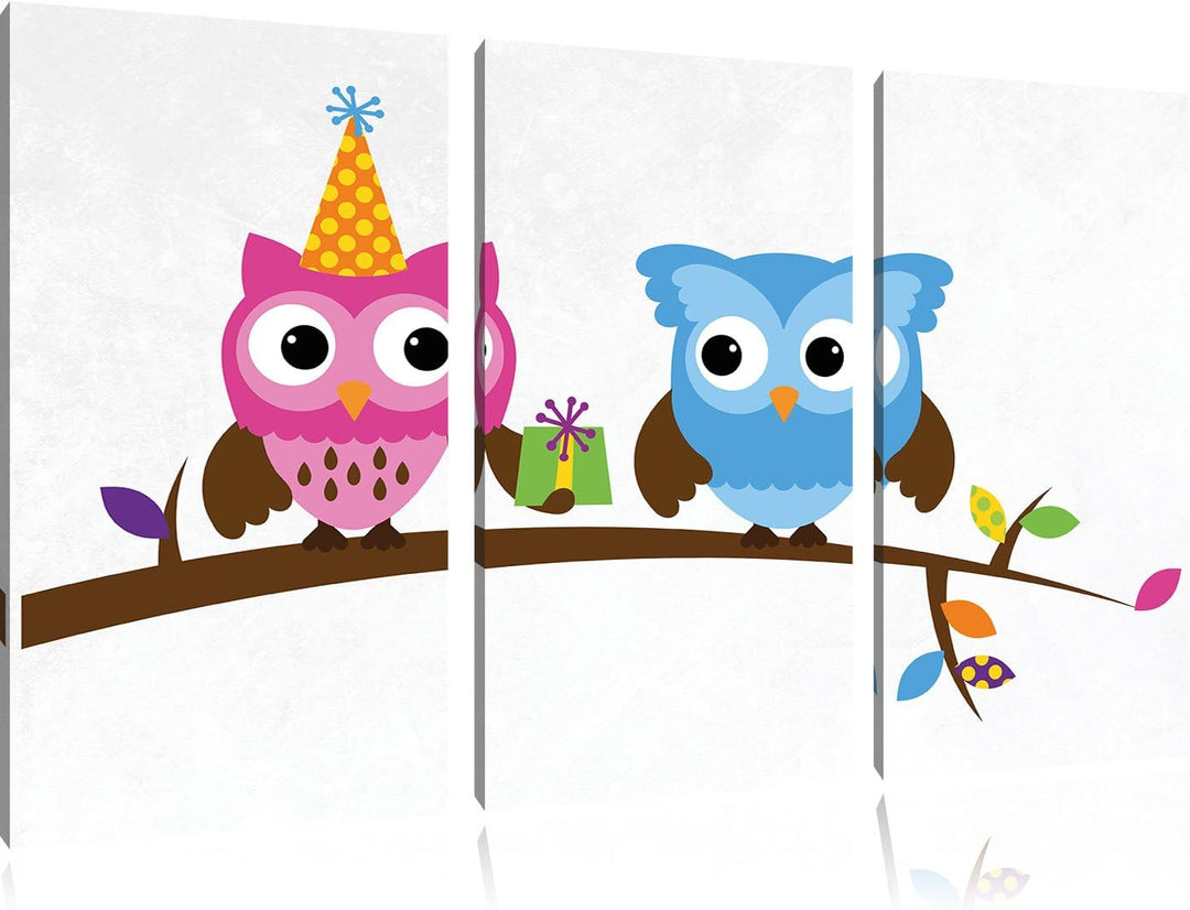 Pixxprint Party Eulen als Leinwandbild/Grösse: 3 Teilig (120x80) cm/Wandbild/Kunstdruck/fertig bespa