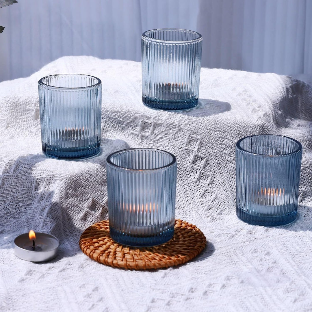 Vohocandle Blaue Teelichthalter12er-Set, Gerippter Teelichtgläser-Kerzenhalter für die Tischdekorati