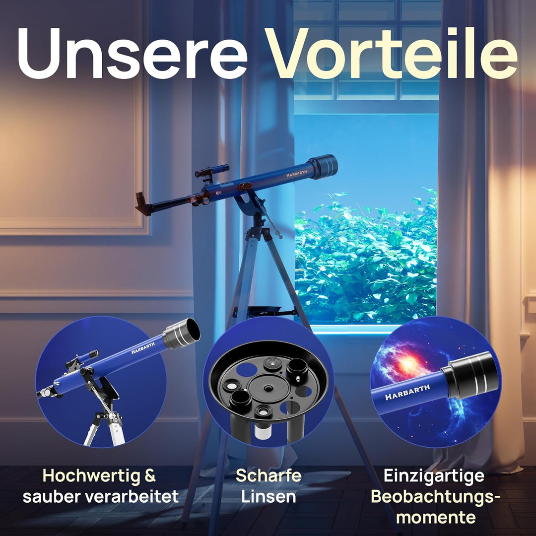 HARBARTH, Teleskop, Linsenteleskop + Okulare, Tasche, Handyhalterung für Bilder - Ideal für Erwachse