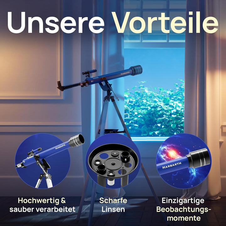 HARBARTH, Teleskop, Linsenteleskop + Okulare, Tasche, Handyhalterung für Bilder - Ideal für Erwachse