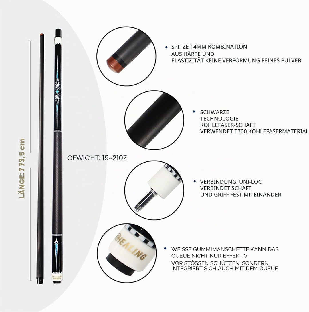 OKHEALING T700 Billardqueue aus Kohlefaser, 14 mm Phenolspitze, schwarze Phenolzwinge, 1/2 Gelenk, h