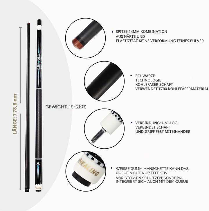 OKHEALING T700 Billardqueue aus Kohlefaser, 14 mm Phenolspitze, schwarze Phenolzwinge, 1/2 Gelenk, h