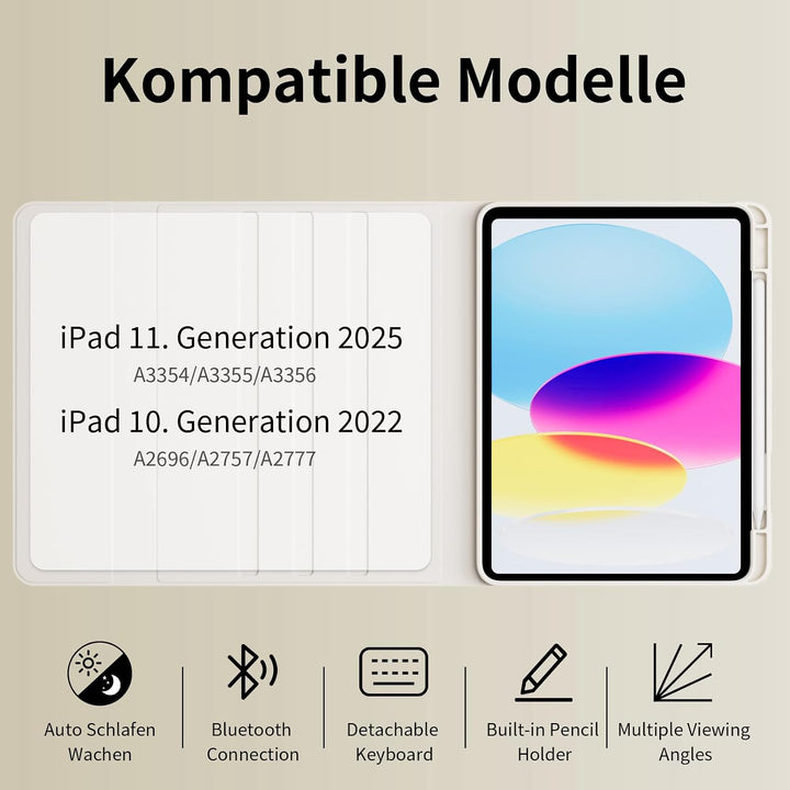 Hülle mit Tastatur für iPad A16 11/10 Gen 11/10,9 Zoll 2025/2022 | Integrierter Stifthalter Folio-St