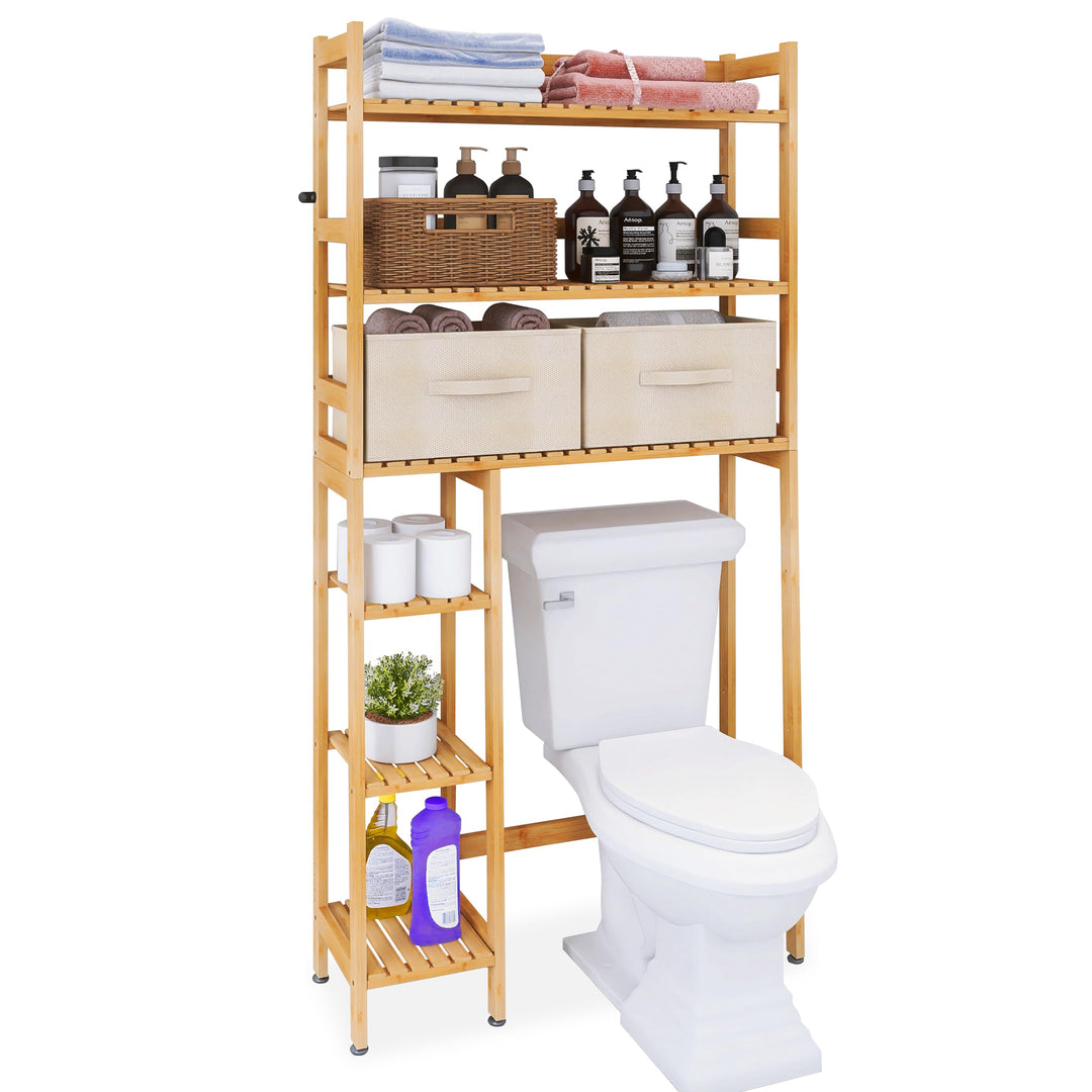 SMIBUY Over The Toilet Storage, 6-stöckiges Badezimmerregal aus Bambus mit Schubladen, freistehend ü