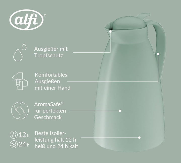 alfi ECO 1,0l, mint grün, Isolierkanne mit hygienischem Hartglaseinsatz aus Kunststoff, Drehverschlu